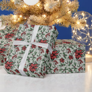 Papier Cadeau Poinsettias rouges saisonnières et Berries vert