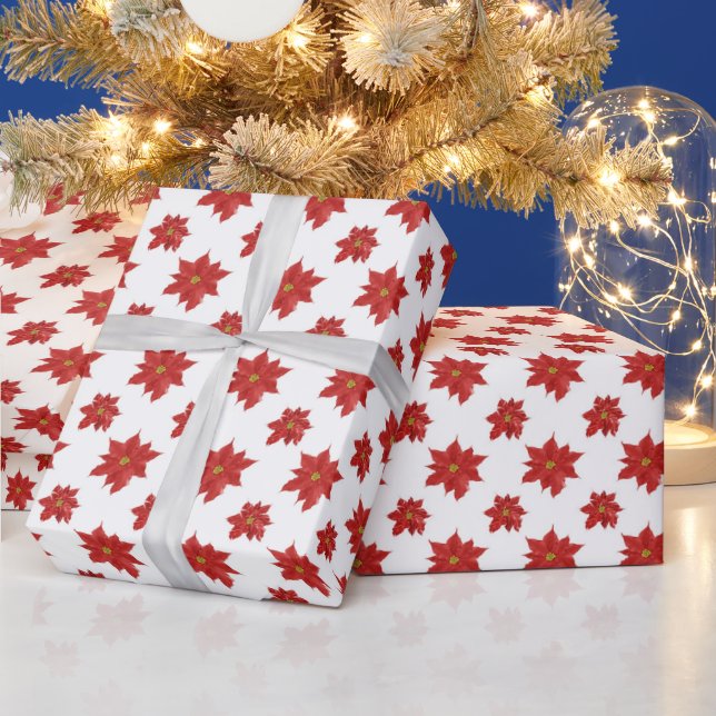 Papier Cadeau Poinsettias Rouges Sur Blanc (Vacances)