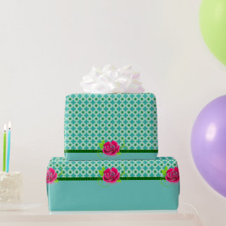 Papier Cadeau Point Aqua & Green Polka | Rose rose avec bande so