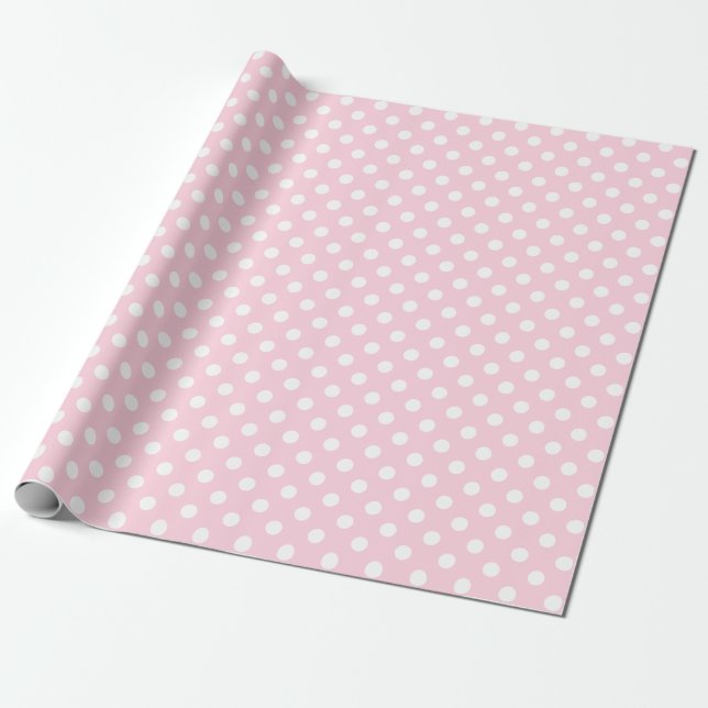 Papier Cadeau Point Polka blanc sur un espace rose clair (Déroulé)