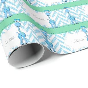 Papier Cadeau Pointe Polka bleu et blanc avec Giraffe bleue