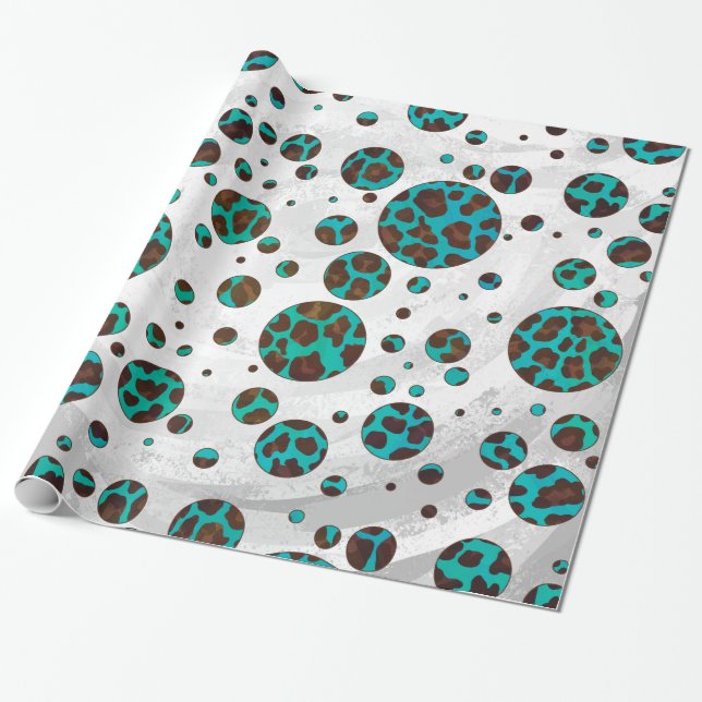 Papier Cadeau Pointe Polka Brown et Turquoise de vache (Déroulé)