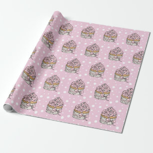 Papier Cadeau Pointe Polka de gâteaux roses et argentés