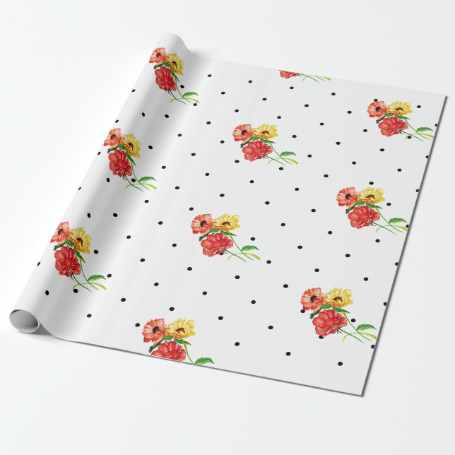 Papier Cadeau Points classiques et fleurs rouges jaunes (Déroulé)