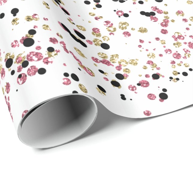 Papier Cadeau Points de Confetti Noir Rose Or Glitzy (Coin rond)