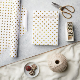 Papier Cadeau Points de polka en or sur fond blanc