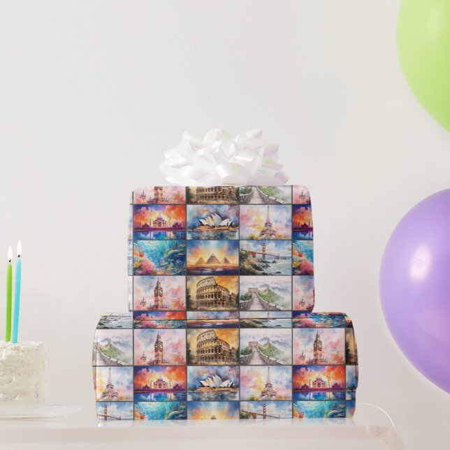 Papier Cadeau Points de repère globaux dans l'aquarelle (Cadeaux de fête)