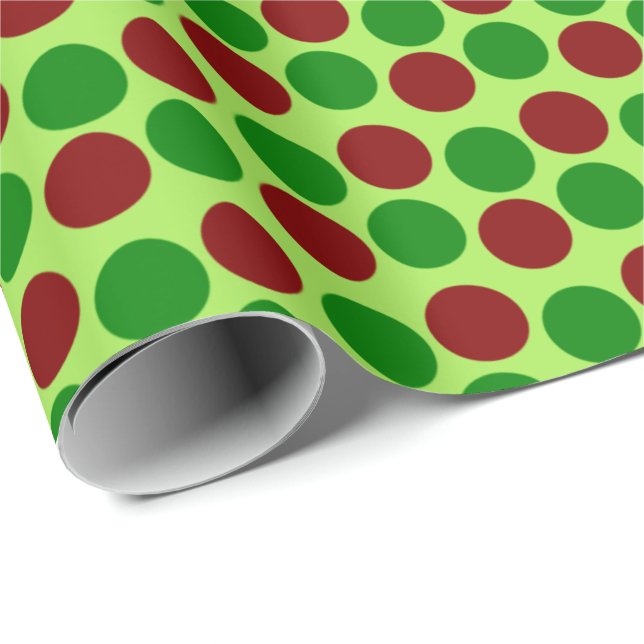 Papier Cadeau Points de vacances rouges et verts sur Green Brigh (Coin rond)