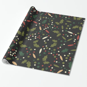 Papier Cadeau Points de vacances sombres Feuilles de houx Noël