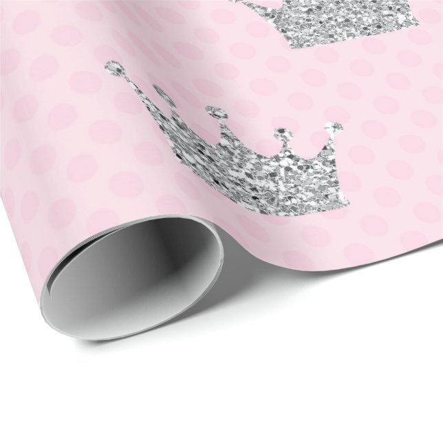 Papier Cadeau Points en argent rose princesse de couronne brilla (Coin rond)