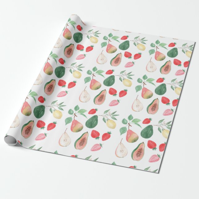 Papier Cadeau Poire, fraise, papaye, citron, mélange de fruits , (Déroulé)