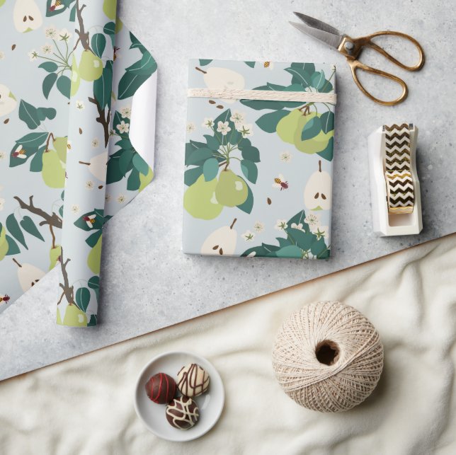 Papier Cadeau Poires et abeilles dans un jardin botanique fleuri (Artisanat)