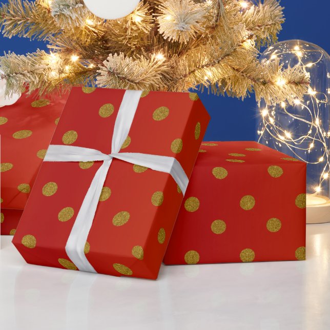 Papier Cadeau Pois d'or et Satin rouge profond (Vacances)