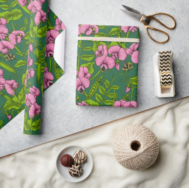 Papier Cadeau Pois doux et bourdons, vert et rose (Artisanat)
