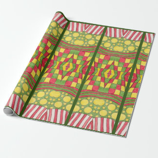Papier Cadeau Pois, Grandes, Chèques, Rouge, Vert Jaune