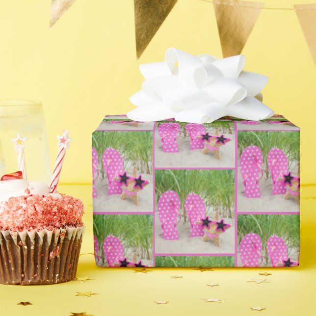 Papier Cadeau Poisson étoilée et tongs dans le sable (Fête d'anniversaire)