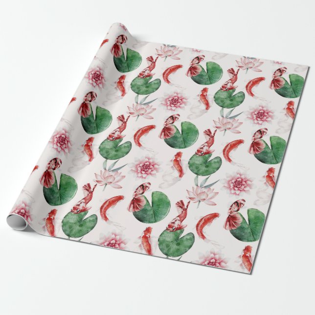 Papier Cadeau Poisson koi et lys design japonais (Déroulé)