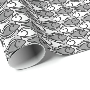 Papier Cadeau Poisson moderne du milieu du siècle, gris, blanc