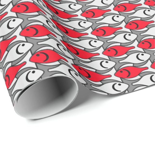 Papier Cadeau Poisson moderne du milieu du siècle, rouge et gris (Coin rond)