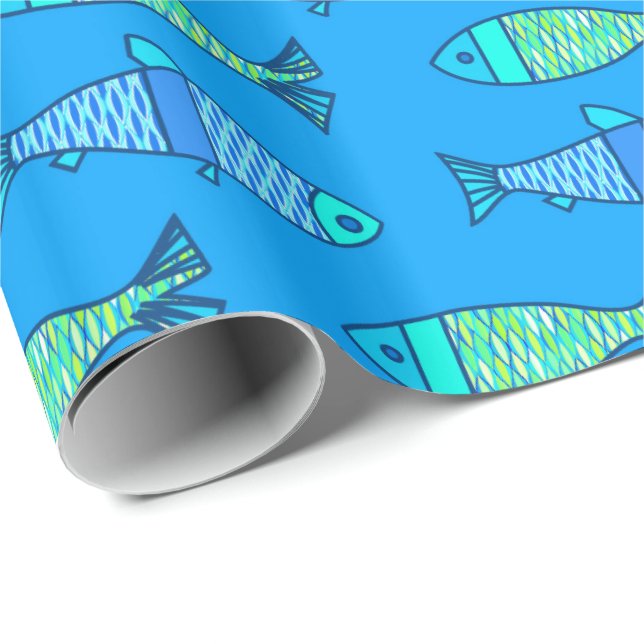 Papier Cadeau Poisson moderne rétro, bleu turquoise et cerulean (Coin rond)