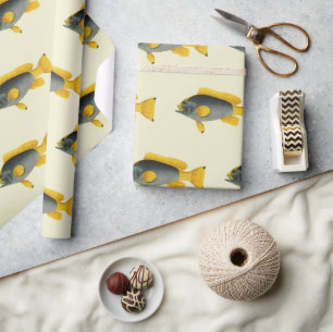 Papier Cadeau Poisson vintage bleu et jaune, Vie marine