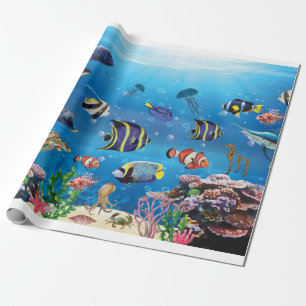 Papier Cadeau Poissons tropicaux nageant Fond