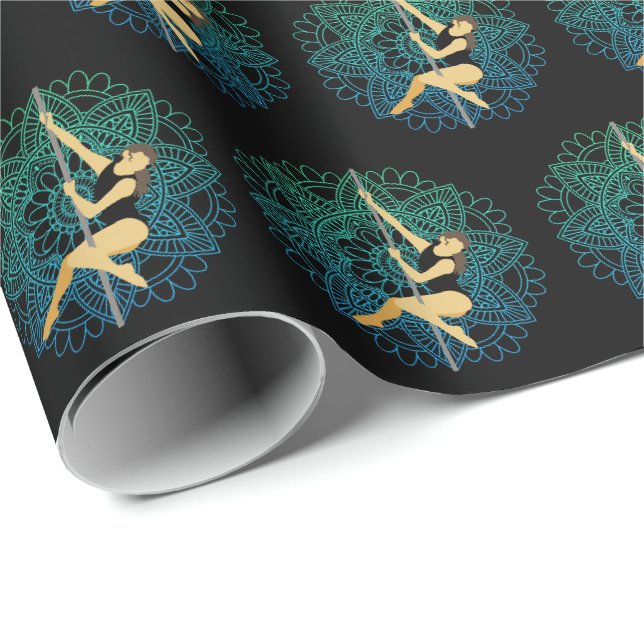 Papier Cadeau Pole Sport Danse Fitness Mandala Fleur Vert bleu (Coin rond)