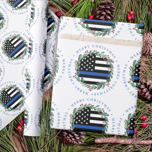 Papier Cadeau Police mince ligne bleue couronne Joyeux Noël (Créateur téléchargé)