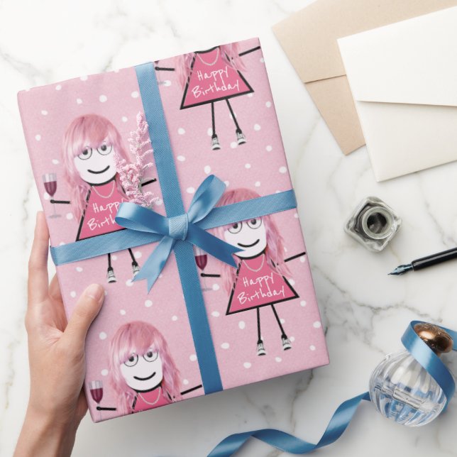 Papier Cadeau Polka Dot Anniversaire Stick Girl Avec Vin (Cadeaux)