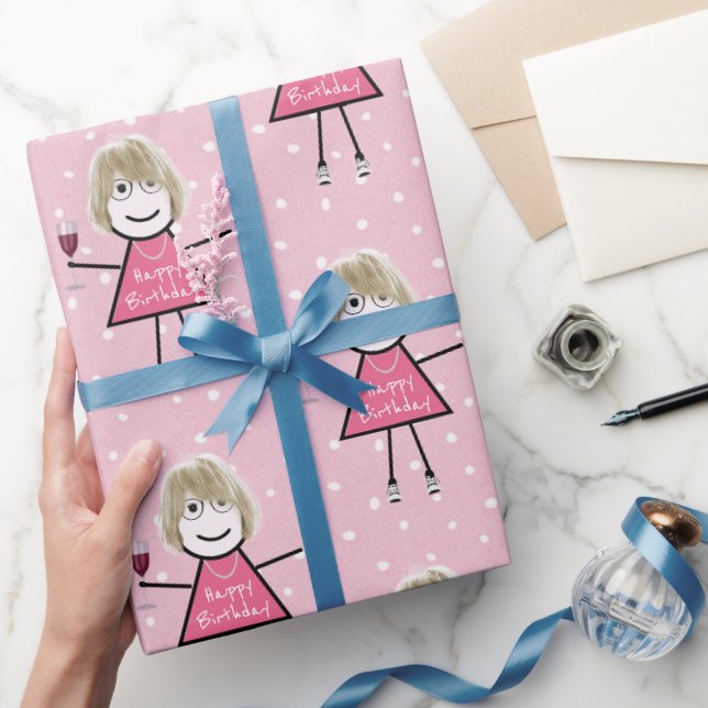 Papier Cadeau Polka Dot Anniversaire Stick Girl Avec Vin (Cadeaux)
