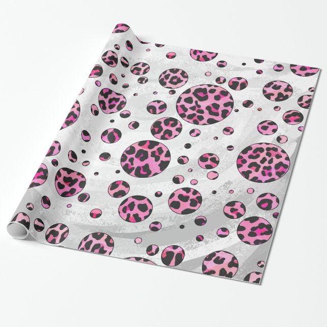 Papier Cadeau Polka Leopard Pot noir et rose chaud (Déroulé)