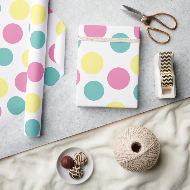 Papier Cadeau Polka moderne Pot rose Jaune Aqua Party (Artisanat)