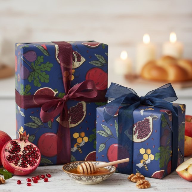 Papier Cadeau Pomegranates, Figs and Honey Bees Navy Blue (Elegant Navy Blue Pomegranates, Figs,  Honeycomb, Honey Bees Wrapping Paper for Jewish New Year )