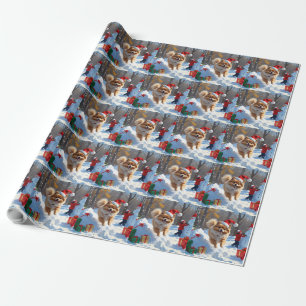 Papier Cadeau Pomeranian courant dans la neige avec un chapeau d