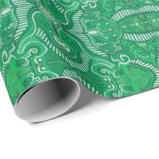 Papier Cadeau Pomme Strid Bohemian Boho Arabesque Motif Vert (Coin rond)