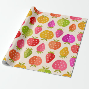 Papier Cadeau Pommes et fraises colorées avec des étoiles rétro 