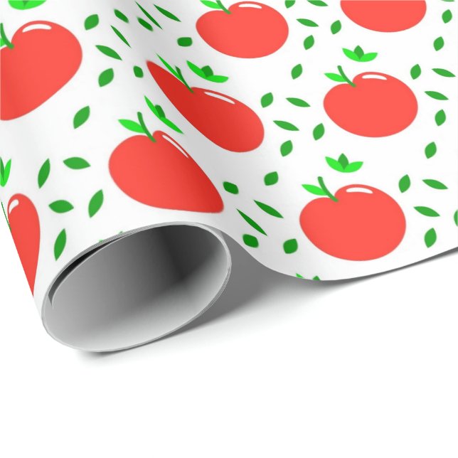 Papier Cadeau Pommes rouges et Feuilles verts (Coin rond)