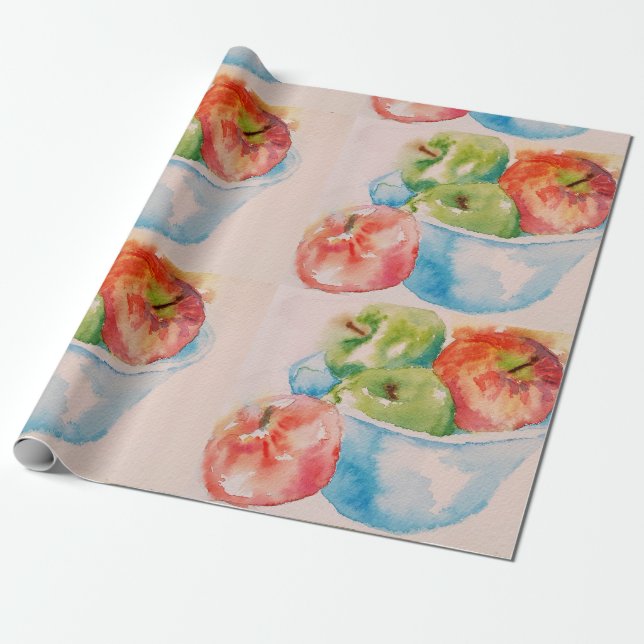 Papier Cadeau Pommes rouges et vertes - Aquarelle (Déroulé)