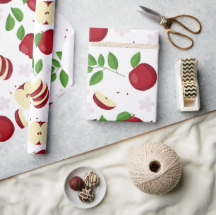 Papier Cadeau Pommes rouges, fleurs et Motif de verdure