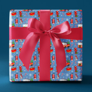 Papier Cadeau Pompier Noël avec le Père Noël et dalmatien   