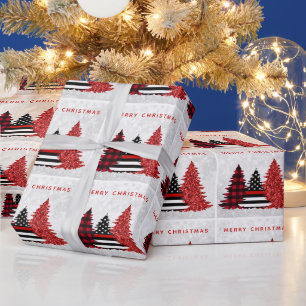 Papier Cadeau Pompier Noël Red Line Plaid Parties scintillant A