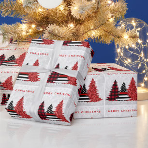 Papier Cadeau Pompier Noël Red Line Plaid Parties scintillant Ar