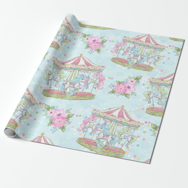 Papier Cadeau Poneys de carrousel de thème de cirque de bébé (Déroulé)