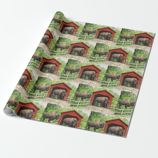 Papier Cadeau Pont couvert rouge de bison (Déroulé)