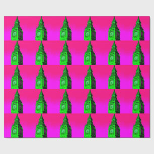 Papier Cadeau Pop Art Big Ben Londres Voyage rose Vert
