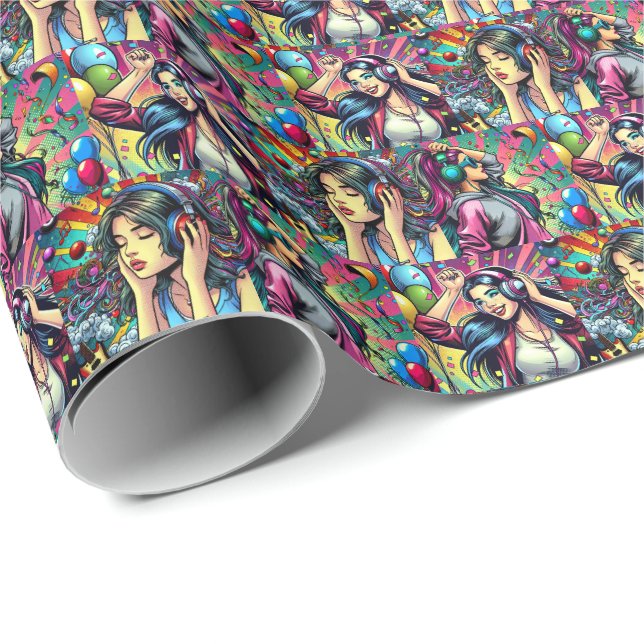 Papier Cadeau Pop Art Girl Dancing Anniversaire Personnalisé (Coin rond)