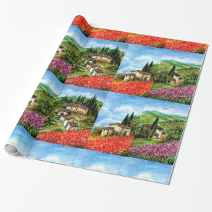 PAPIER CADEAU POPIES, IRISES, VILLAGE RUSTIQUE ANTIQUE EN TOSCAN