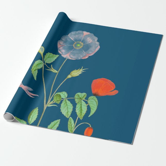 Papier Cadeau POPIES SUR papier d'enveloppement BLEU FONCÉ (Déroulé)