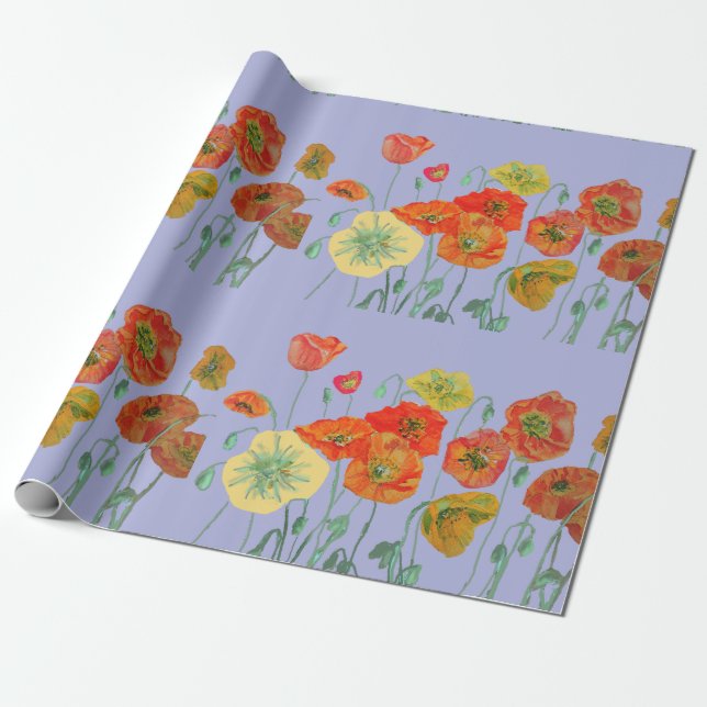 Papier Cadeau Poppies orange et noires Aquarelle Lilac Purple (Déroulé)