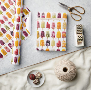 Papier Cadeau Popsicles de fruits surgelés assortis sur fond bla